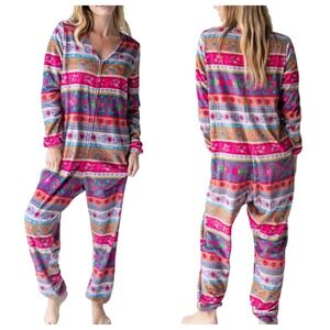 Natural Life‎ Cozy Fleece Pajama Jumpsuit One Piece Bohemian Floral Women Small